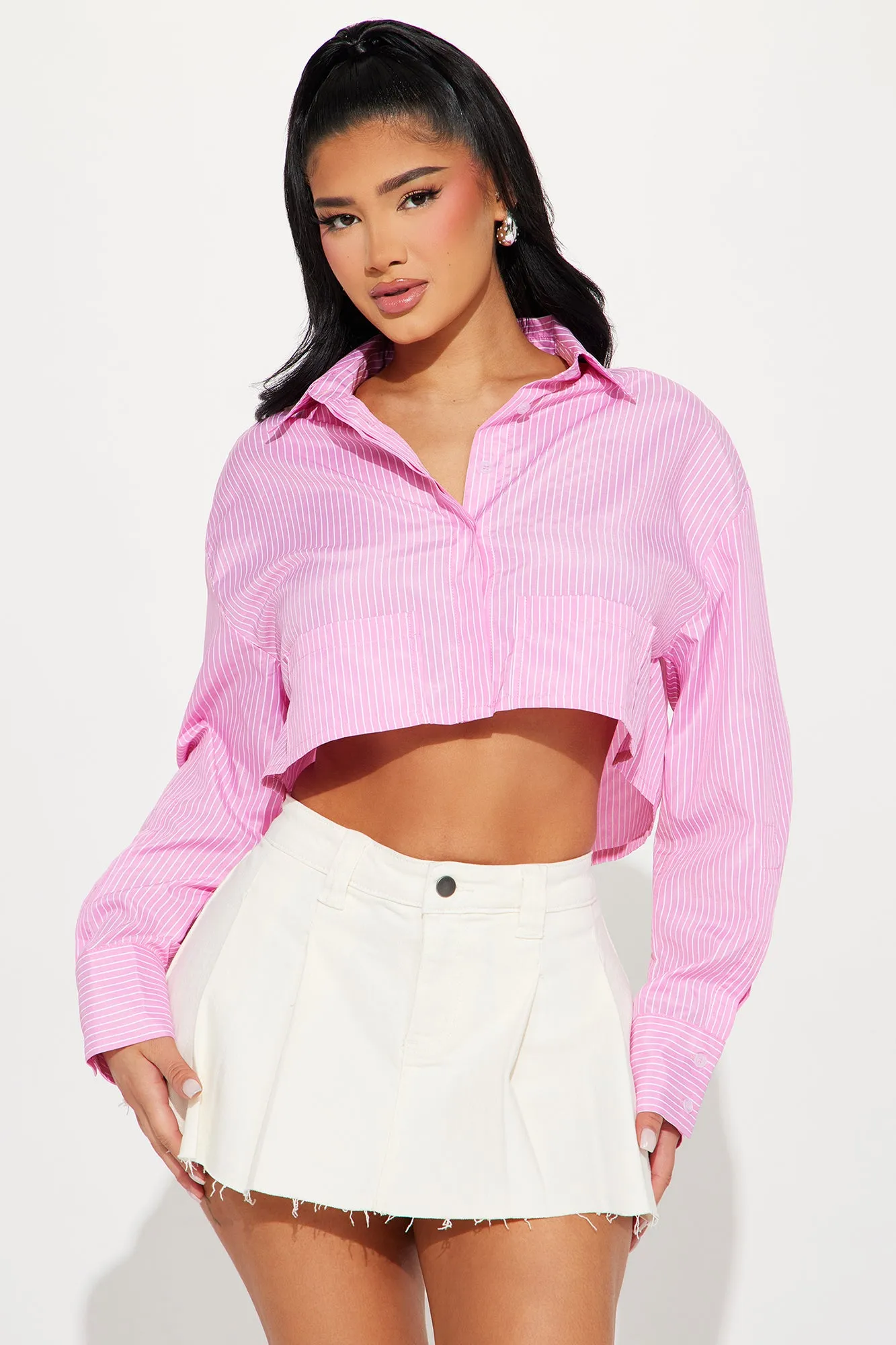 For The Day Striped Shirt - Pink/combo sold by Fashion Nova