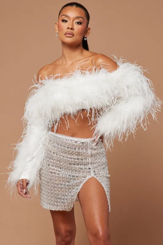 Kourt Feather Embellished Crop Top - White sold by Fashion Nova