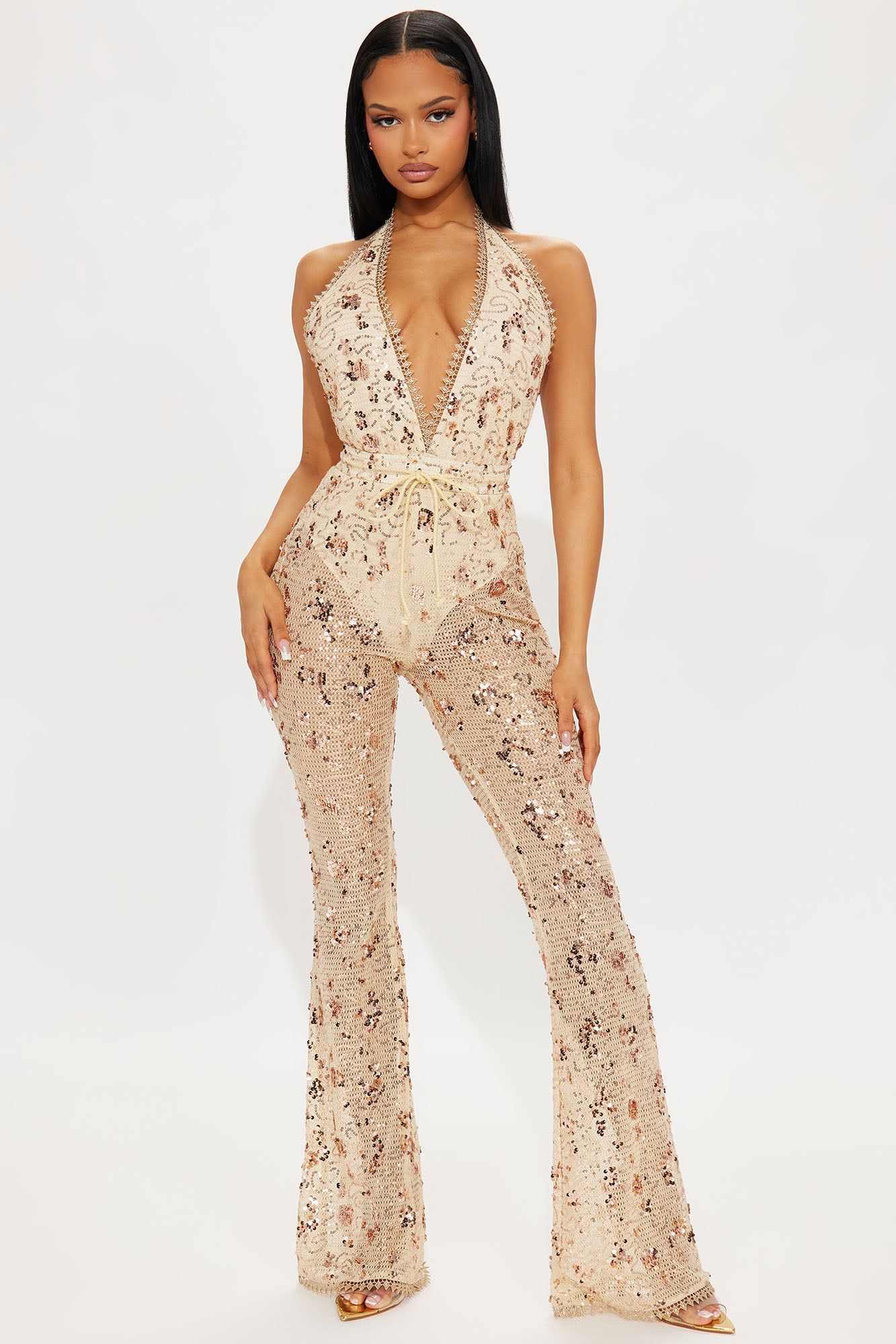 Taboo Sequin Jumpsuit - Gold sold by Fashion Nova