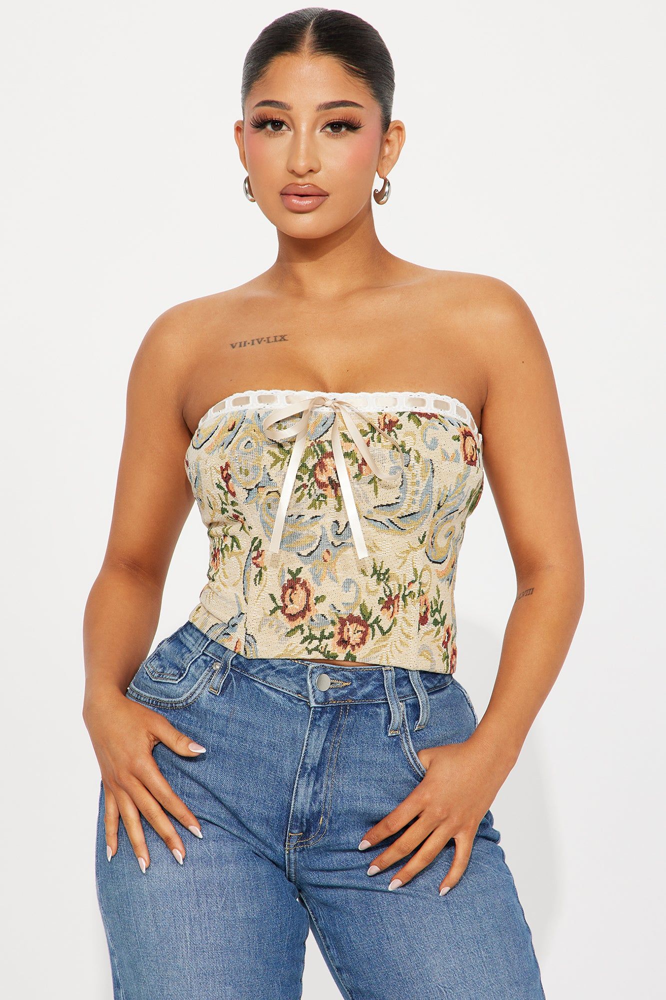 Caroline Jacquard Corset Top - Taupe/combo sold by Fashion Nova
