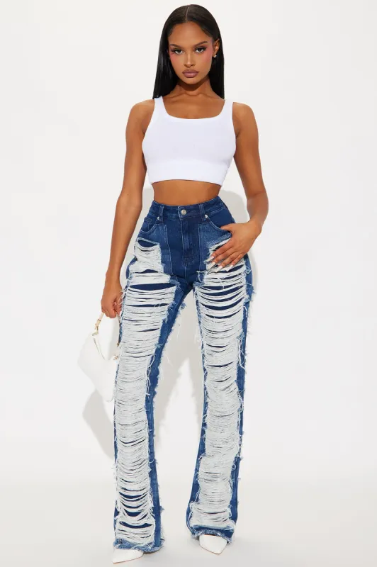 Know The Drill Shredded Bootcut Jeans - Dark Wash sold by Fashion Nova