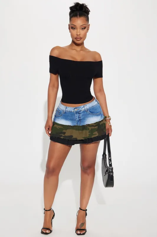 Dakota Camo Contrast Denim Mini Skirt - Medium Wash sold by Fashion Nova