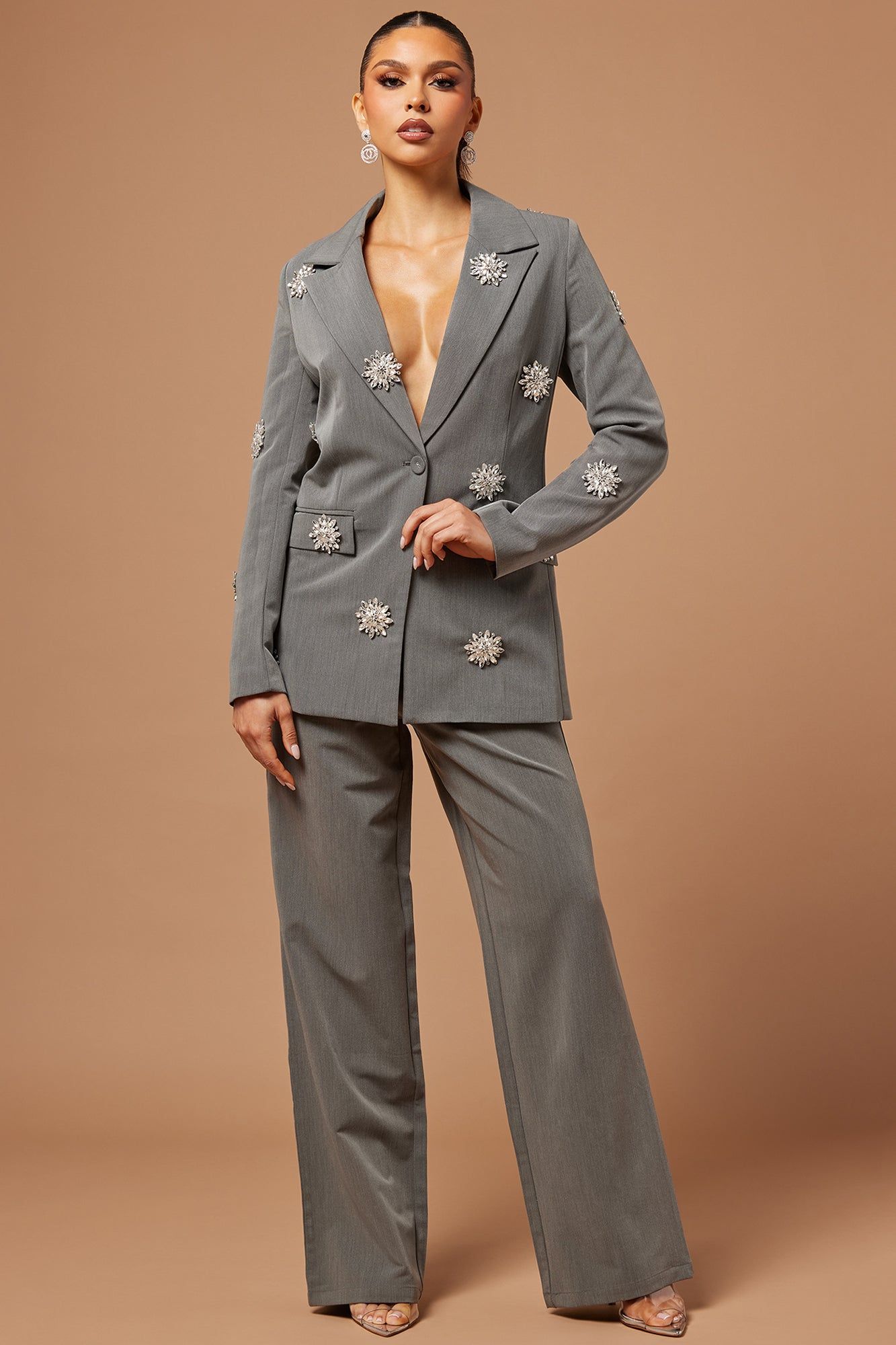 Adara Embellished Blazer Set - Grey sold by Fashion Nova
