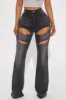 Showing Up Cut Out Stretch Flare Jeans - Black Wash sold by Fashion Nova