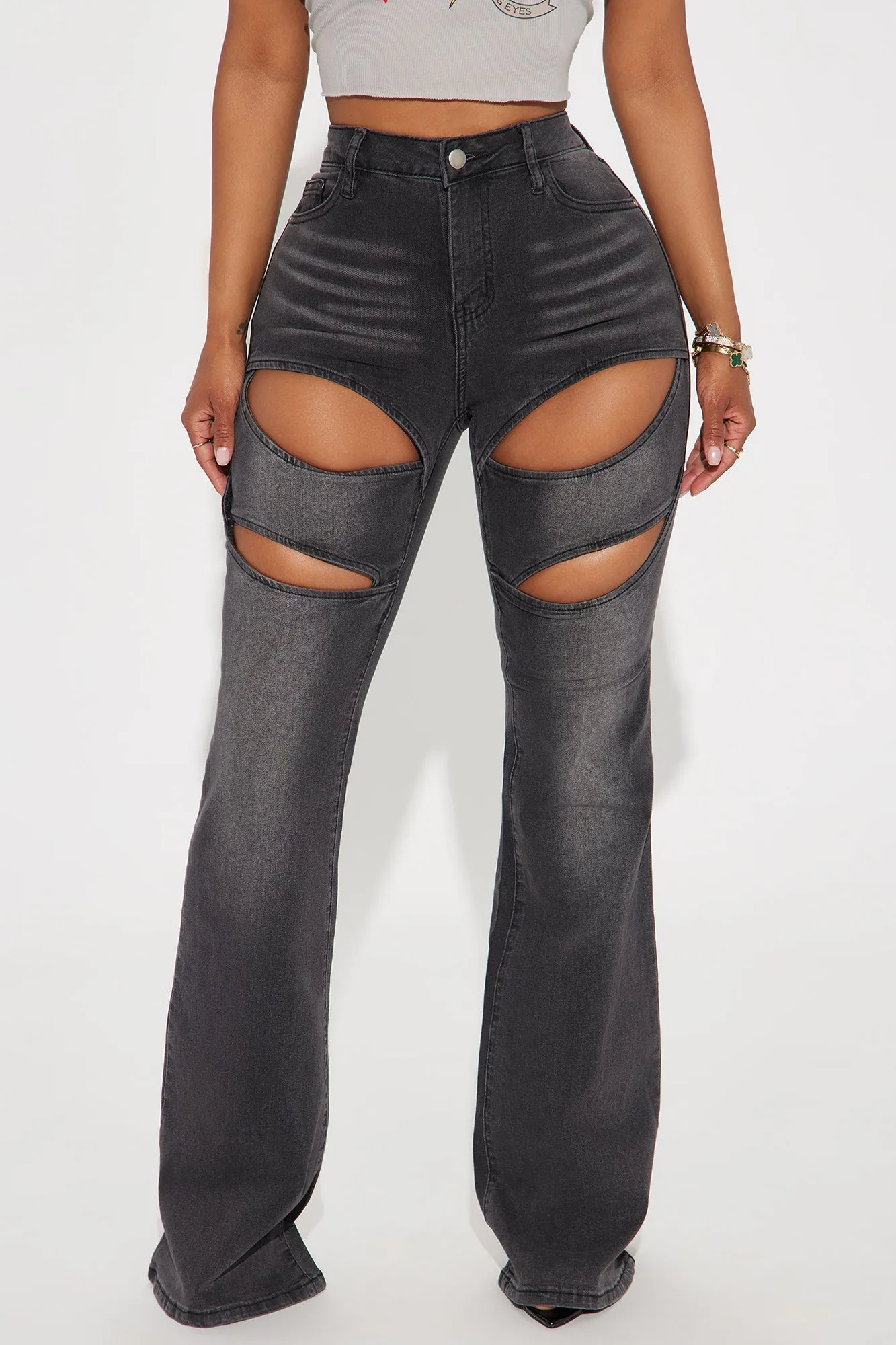 Showing Up Cut Out Stretch Flare Jeans - Black Wash sold by Fashion Nova product image thumbnail 2