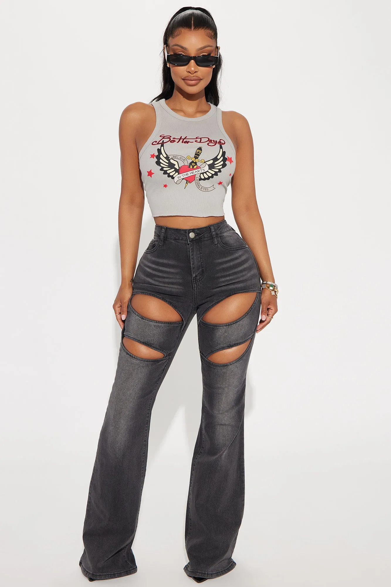 Showing Up Cut Out Stretch Flare Jeans - Black Wash sold by Fashion Nova