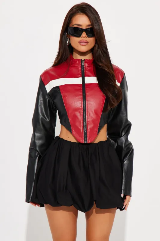 Crossed The Line Faux Leather Jacket - Burgundy/combo sold by Fashion Nova