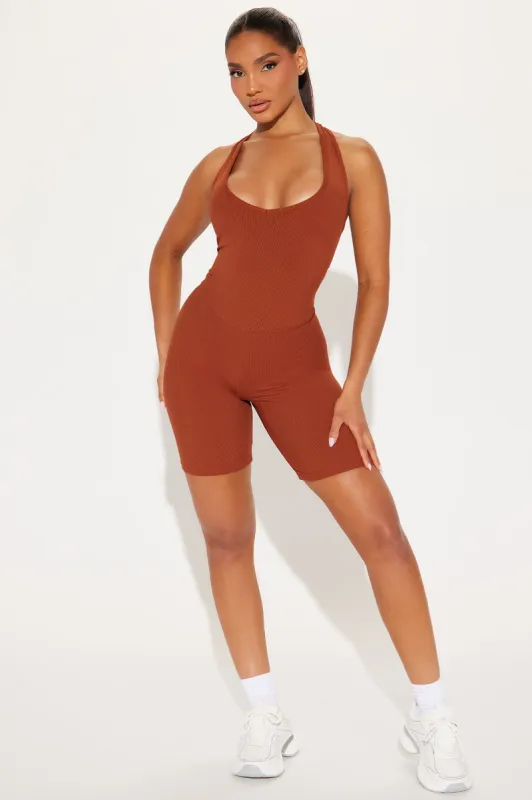 Wellness Ribbed Romper - Brown sold by Fashion Nova