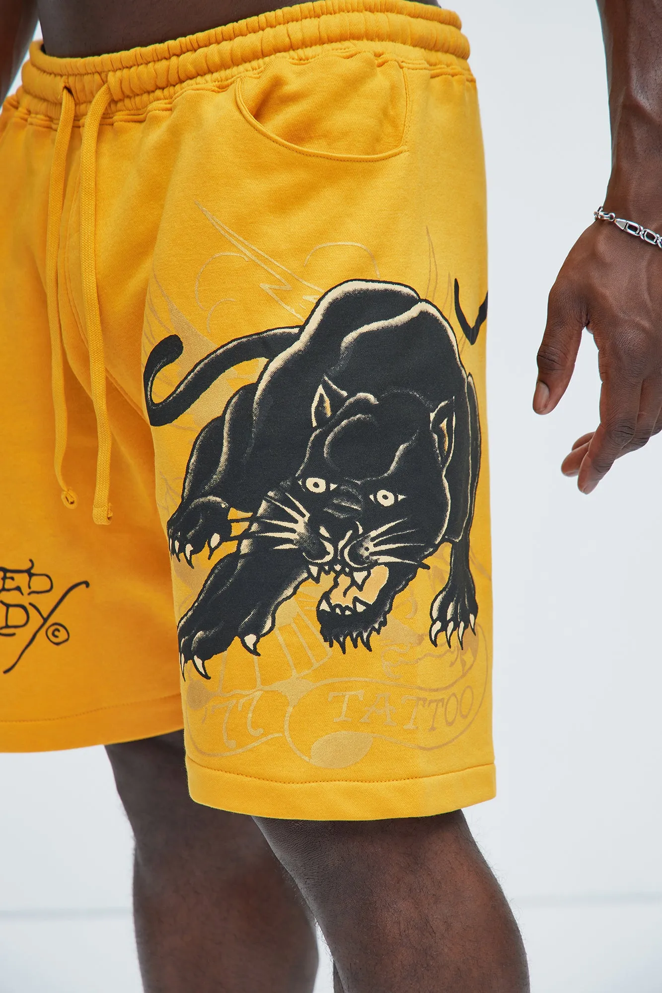 Ed Hardy Crouching Panther Sweat Shorts - Yellow | Parallel