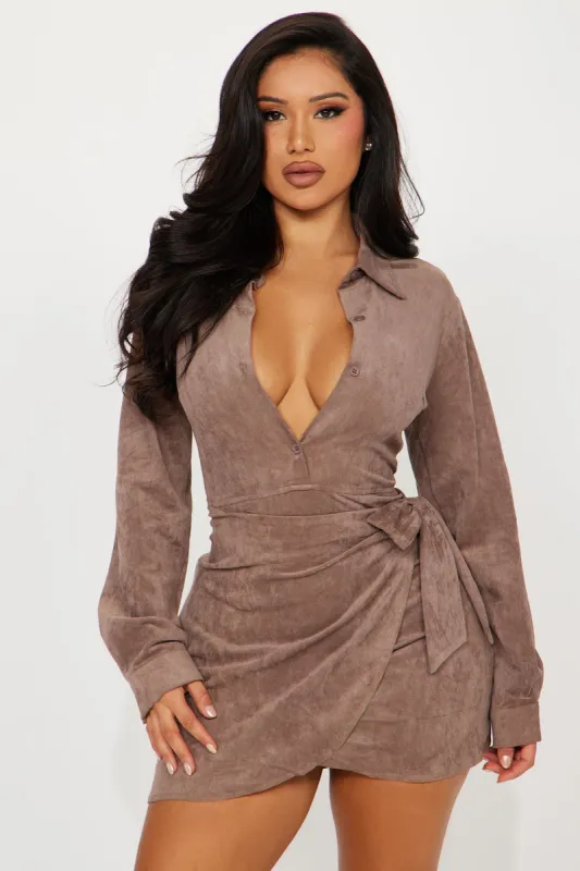 Working Hard Suede Mini Dress - Taupe sold by Fashion Nova