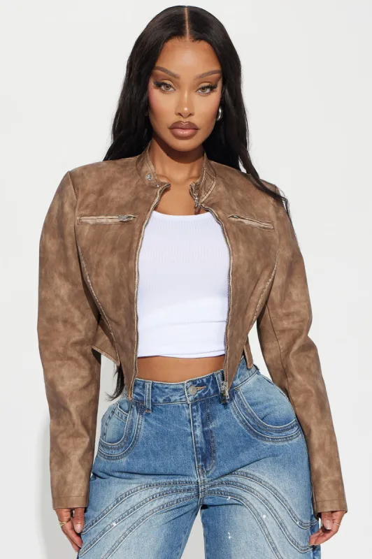 Ines Washed Faux Leather Jacket - Taupe sold by Fashion Nova