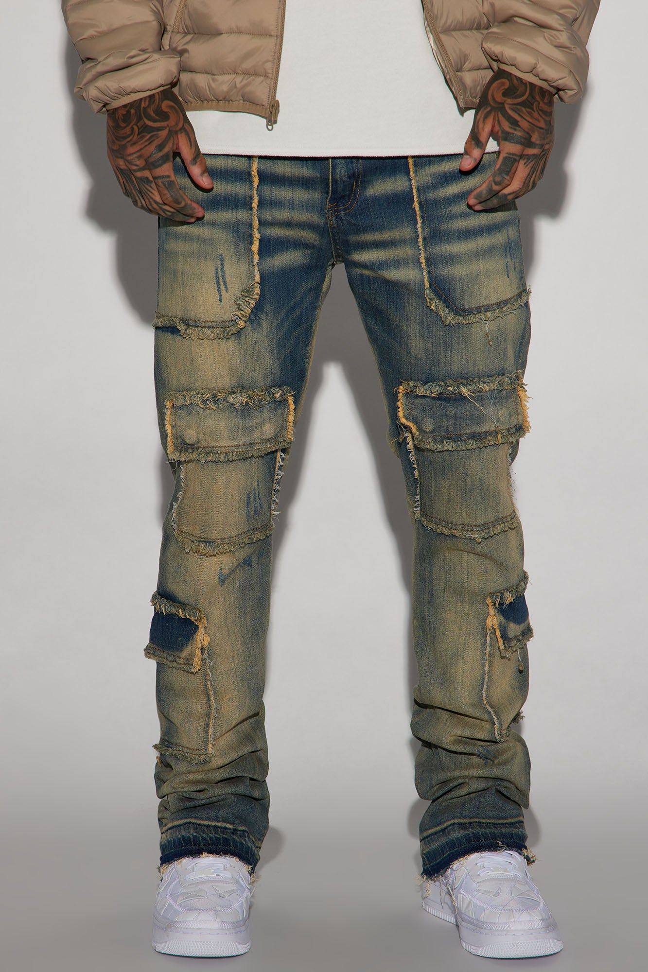 We In This Chained Stacked Skinny Flare Jeans - Medium Wash sold by Fashion Nova