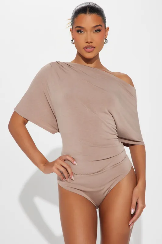 Flatter Me Off Shoulder Bodysuit - Taupe sold by Fashion Nova