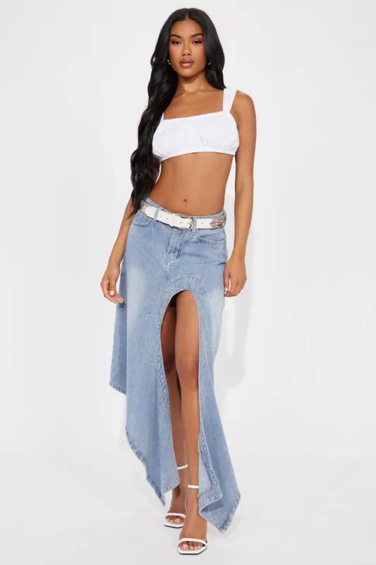 Take A Peek Denim Maxi Skirt - Medium Wash sold by Fashion Nova
