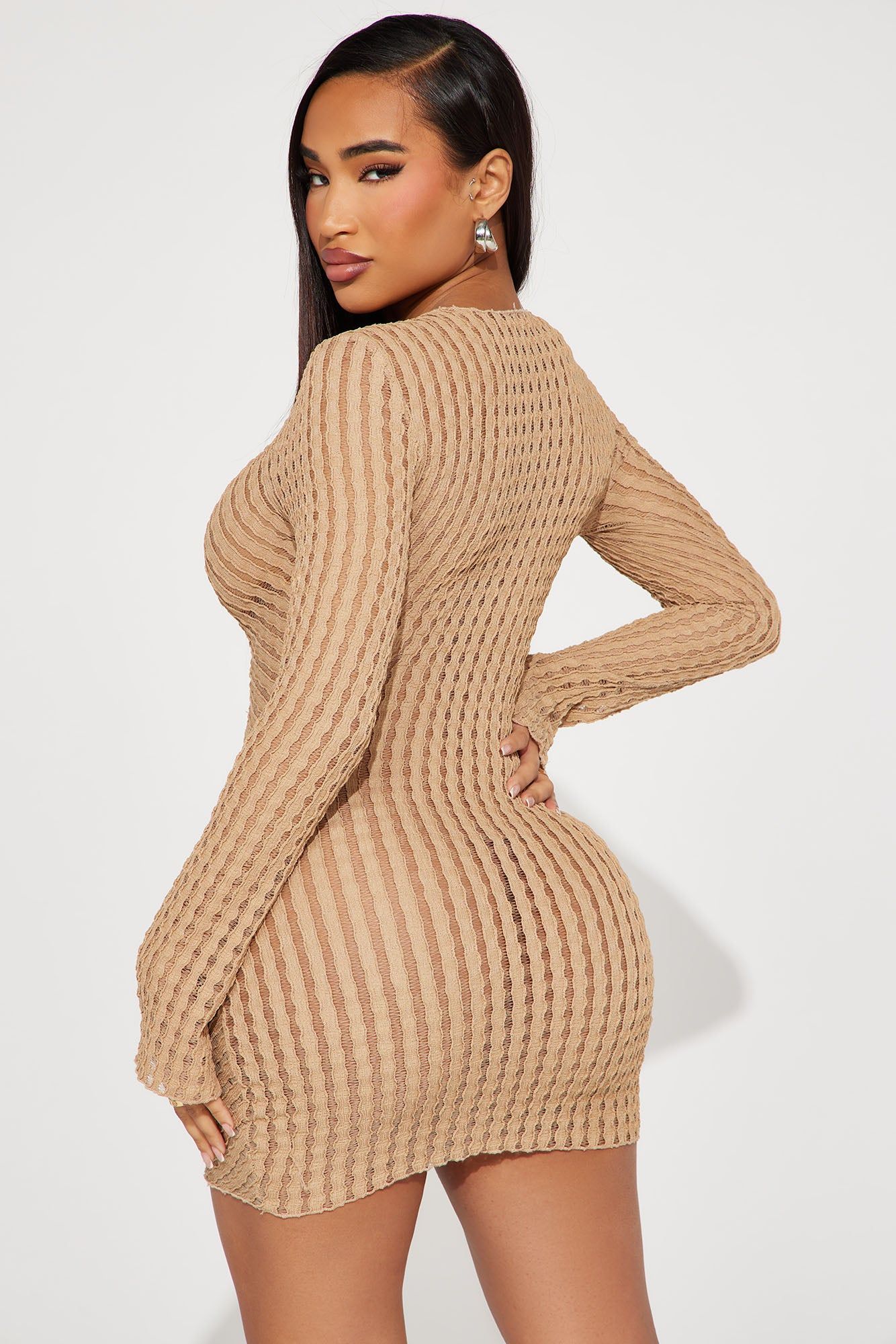 See Thru U Textured Mini Dress - Khaki sold by Fashion Nova product image thumbnail 3