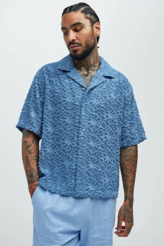 Astoria Jacquard Fray Shirt - Blue sold by Fashion Nova