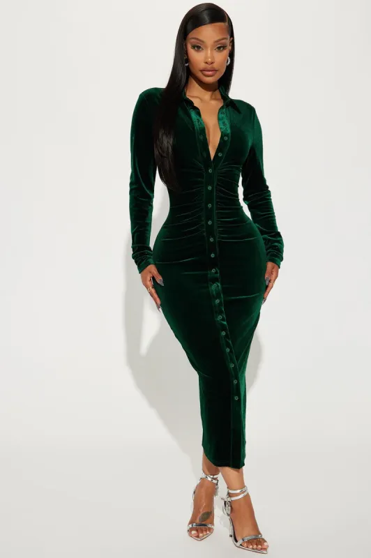 Katie Velvet Midi Dress - Hunter sold by Fashion Nova