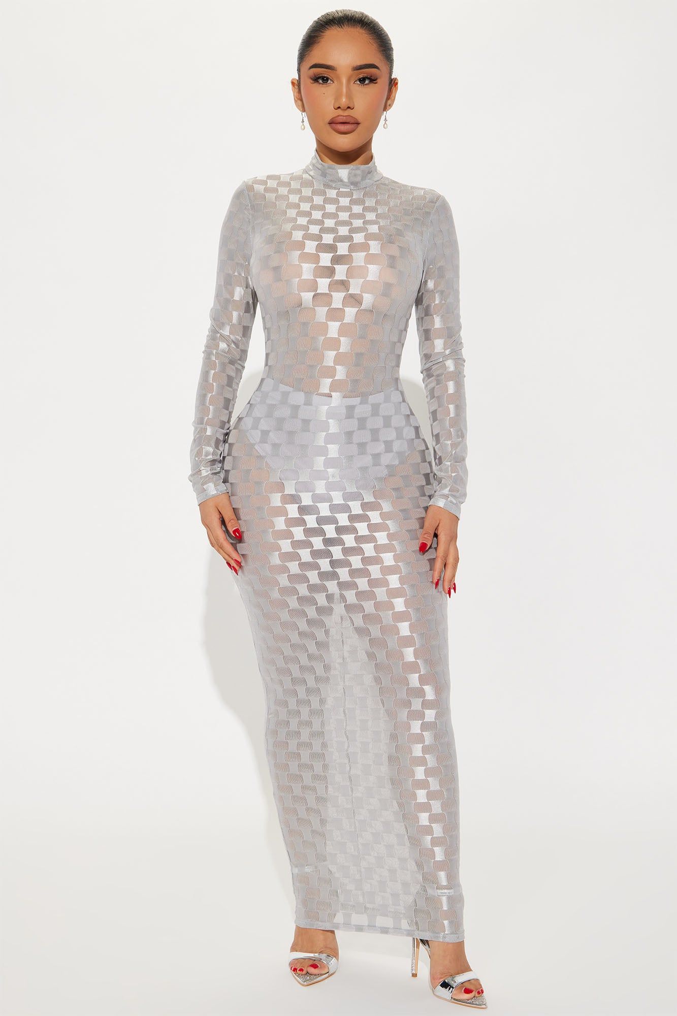 Checkmate Checkered Maxi Dress - Silver sold by Fashion Nova