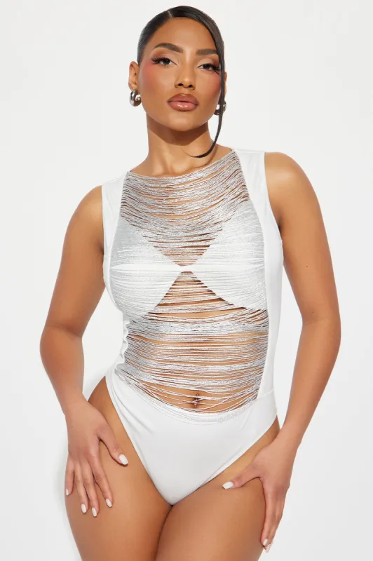 Amina Distressed Bodysuit - Silver sold by Fashion Nova