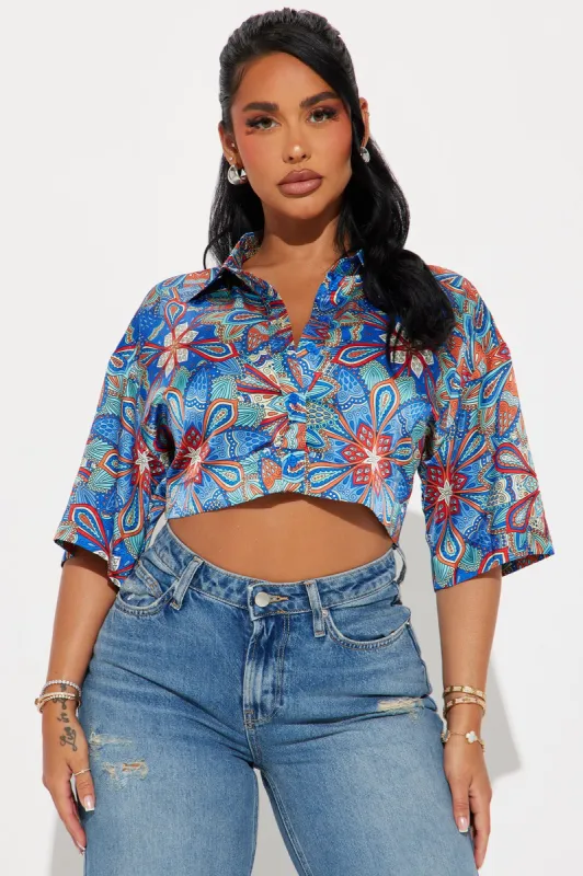 Twist And Turn Satin Shirt - Blue/combo sold by Fashion Nova