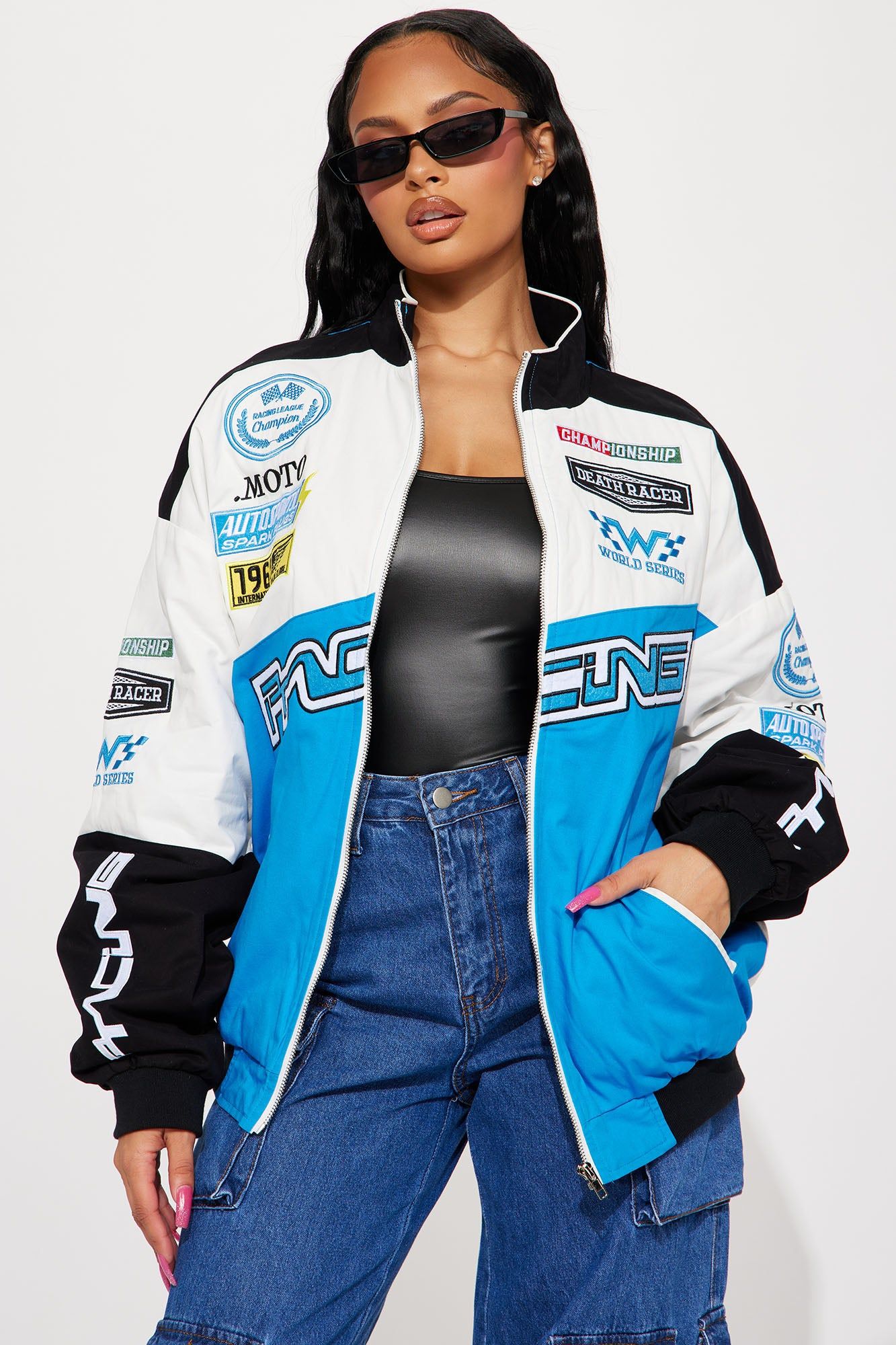 Fast Racer Bomber Jacket - Blue/combo sold by Fashion Nova