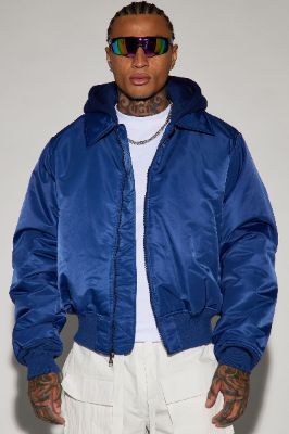 Can't Replace Nylon Hooded Bomber Jacket - Indigo sold by Fashion Nova
