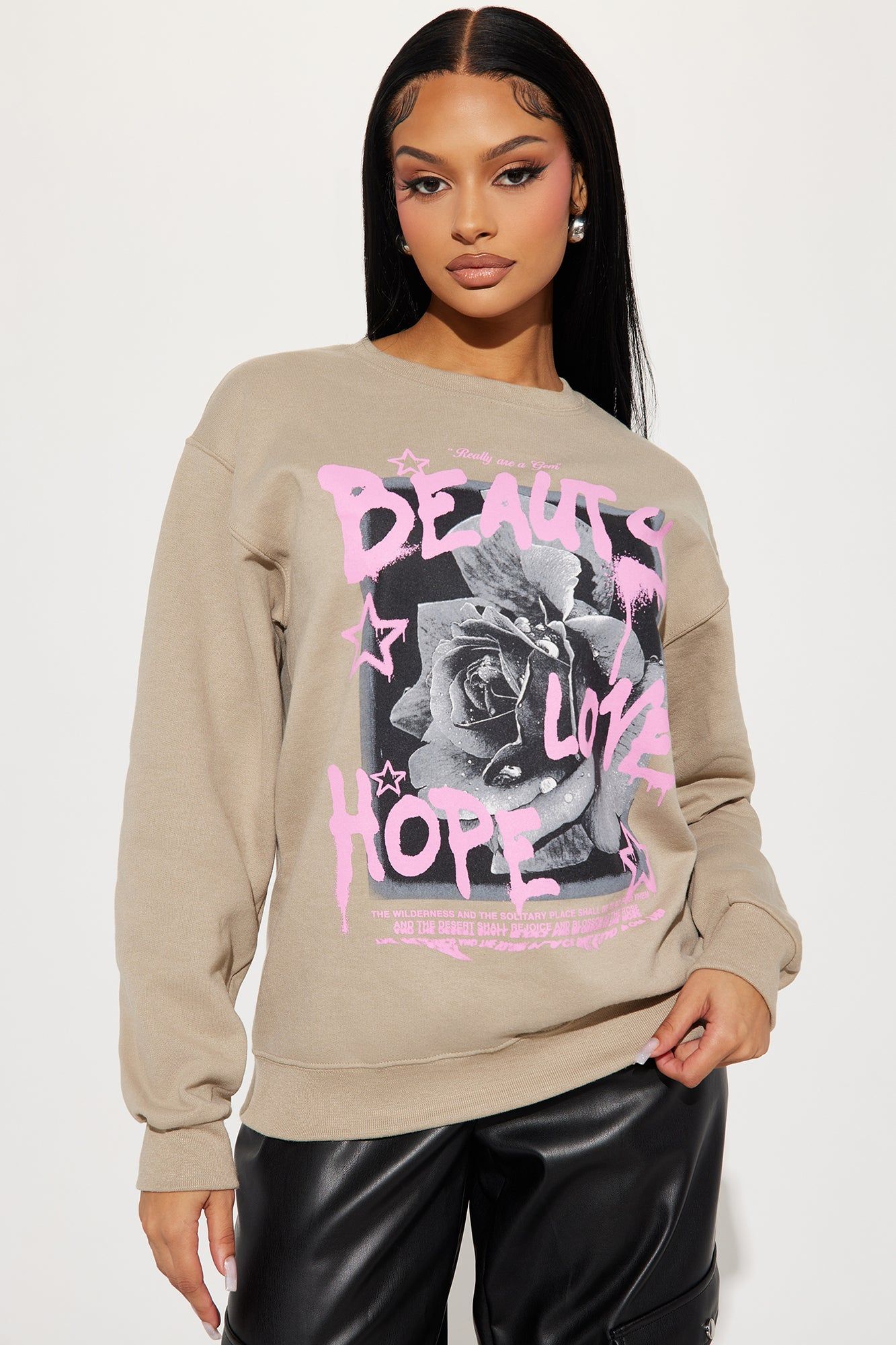 Beauty In All Places Sweatshirt - Taupe sold by Fashion Nova