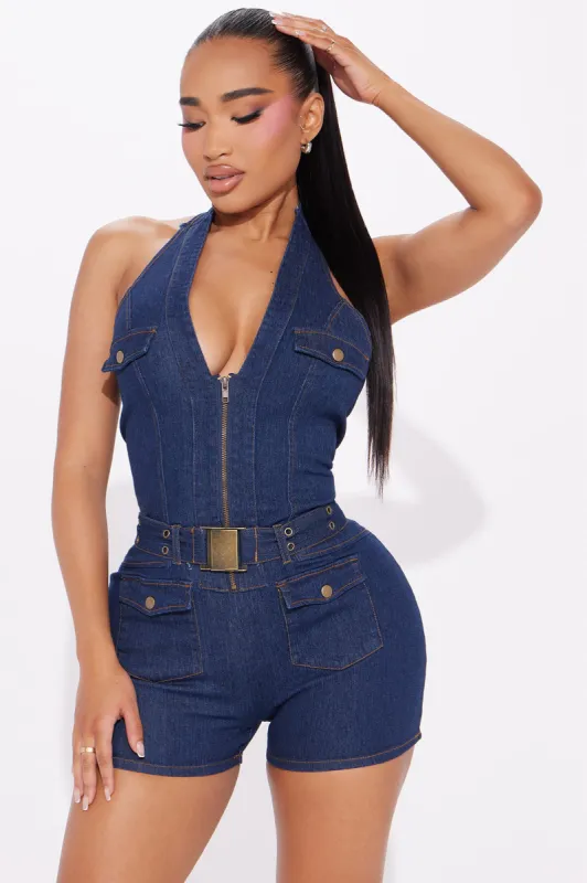 Feminine Energy Denim Romper - Dark Wash sold by Fashion Nova