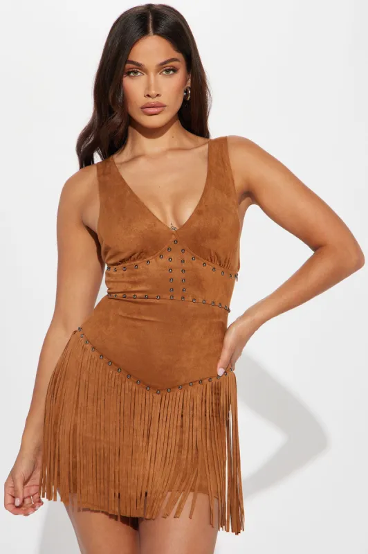 Fringed Fox Faux Suede Mini Dress - Camel sold by Fashion Nova