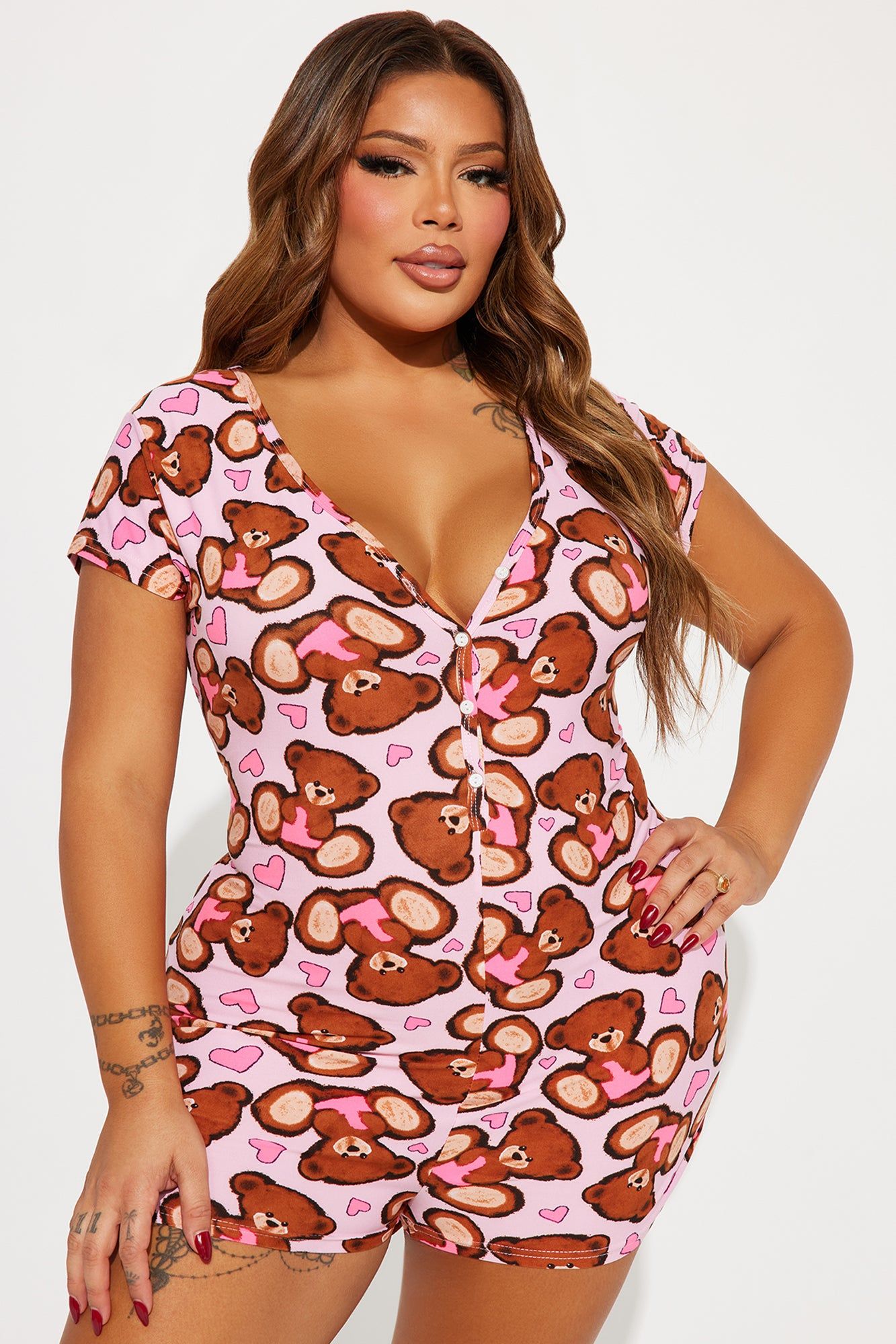 Teddy Hearts PJ Romper Onesie - Pink/combo sold by Fashion Nova product image thumbnail 5
