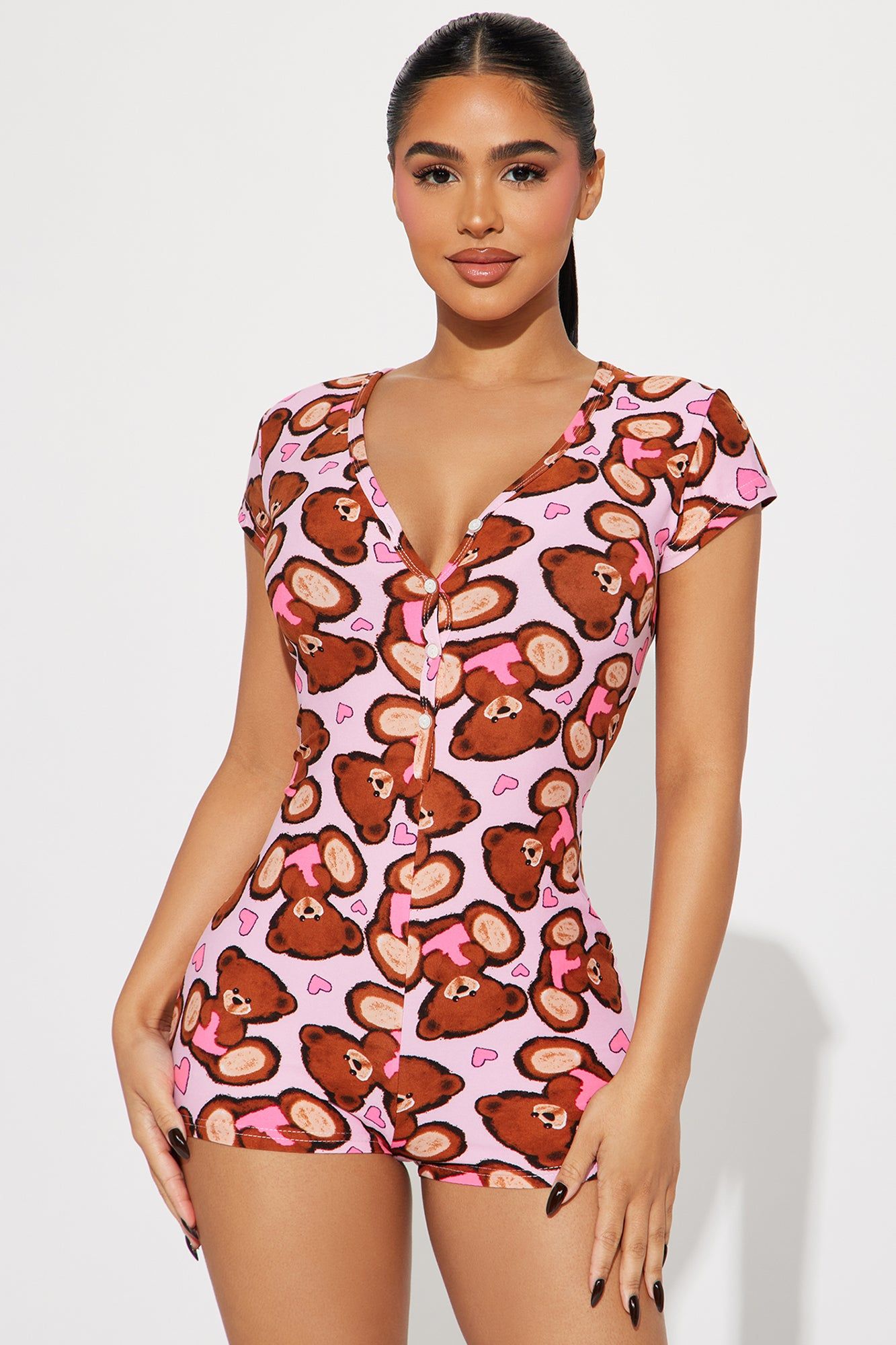 Teddy Hearts PJ Romper Onesie - Pink/combo sold by Fashion Nova