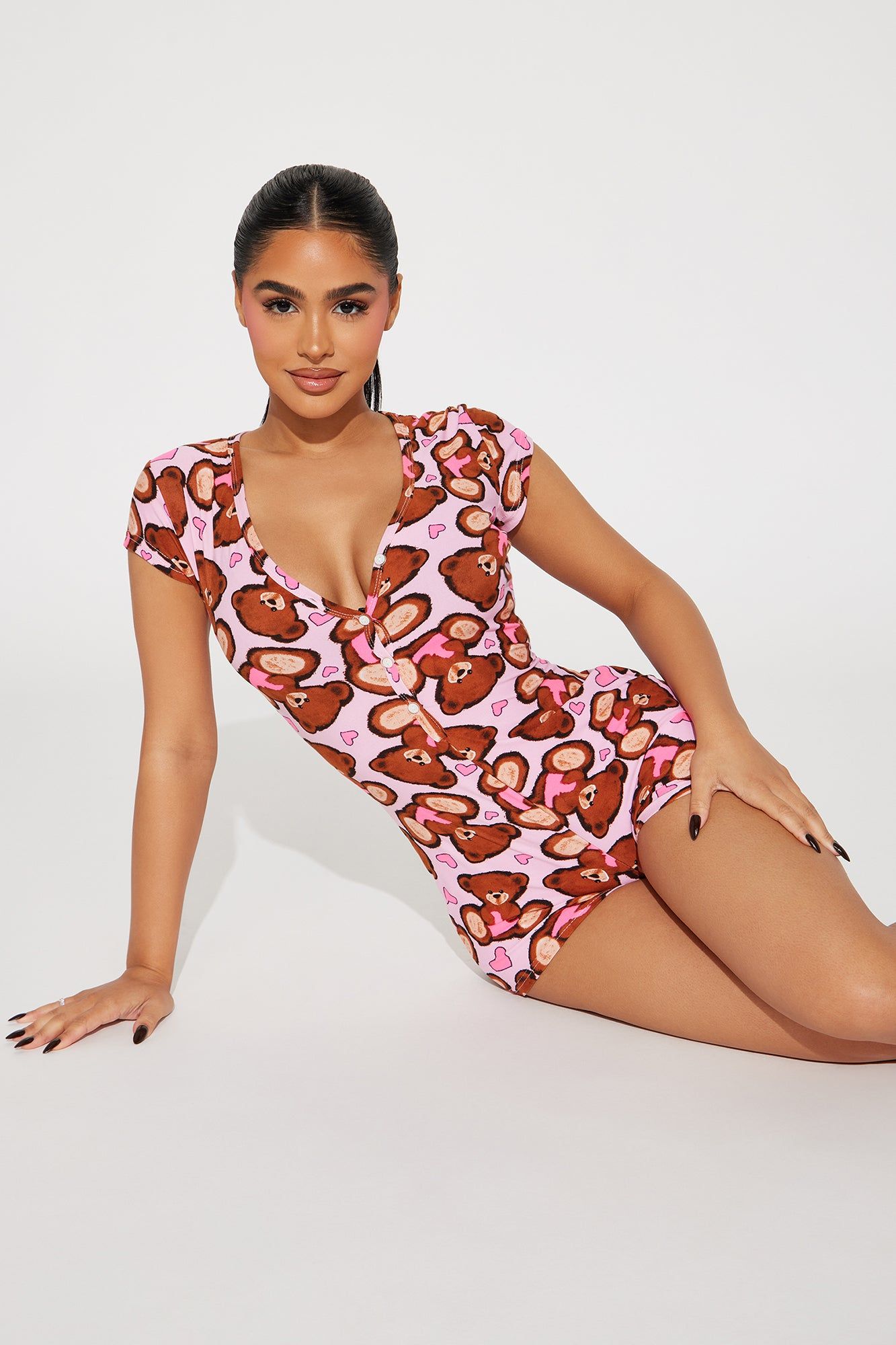 Teddy Hearts PJ Romper Onesie - Pink/combo sold by Fashion Nova product image thumbnail 2