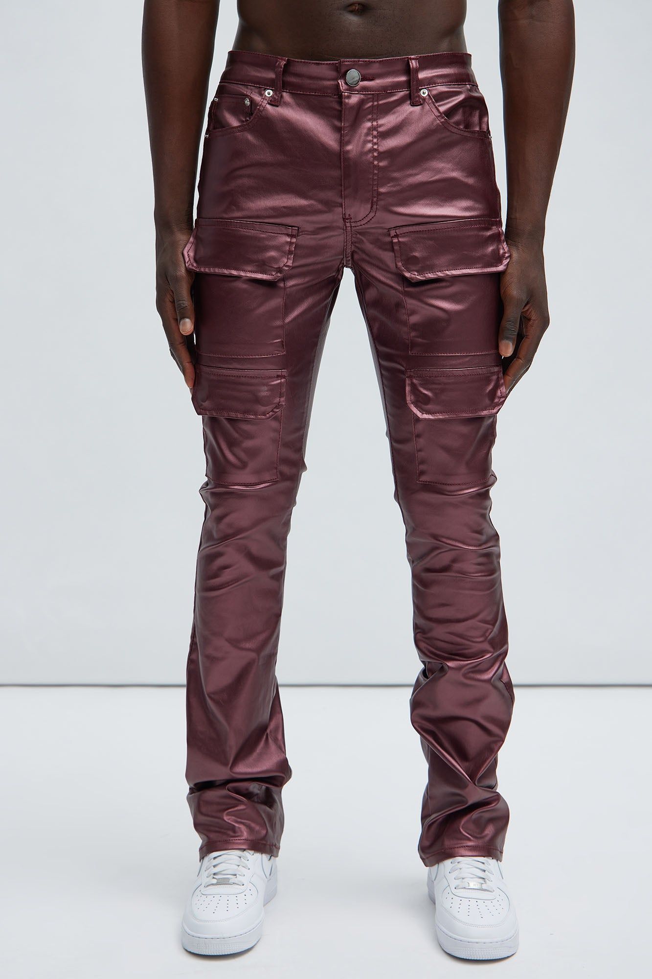 Came To Party Cargo Flare Waxed Pants - Burgundy sold by Fashion Nova