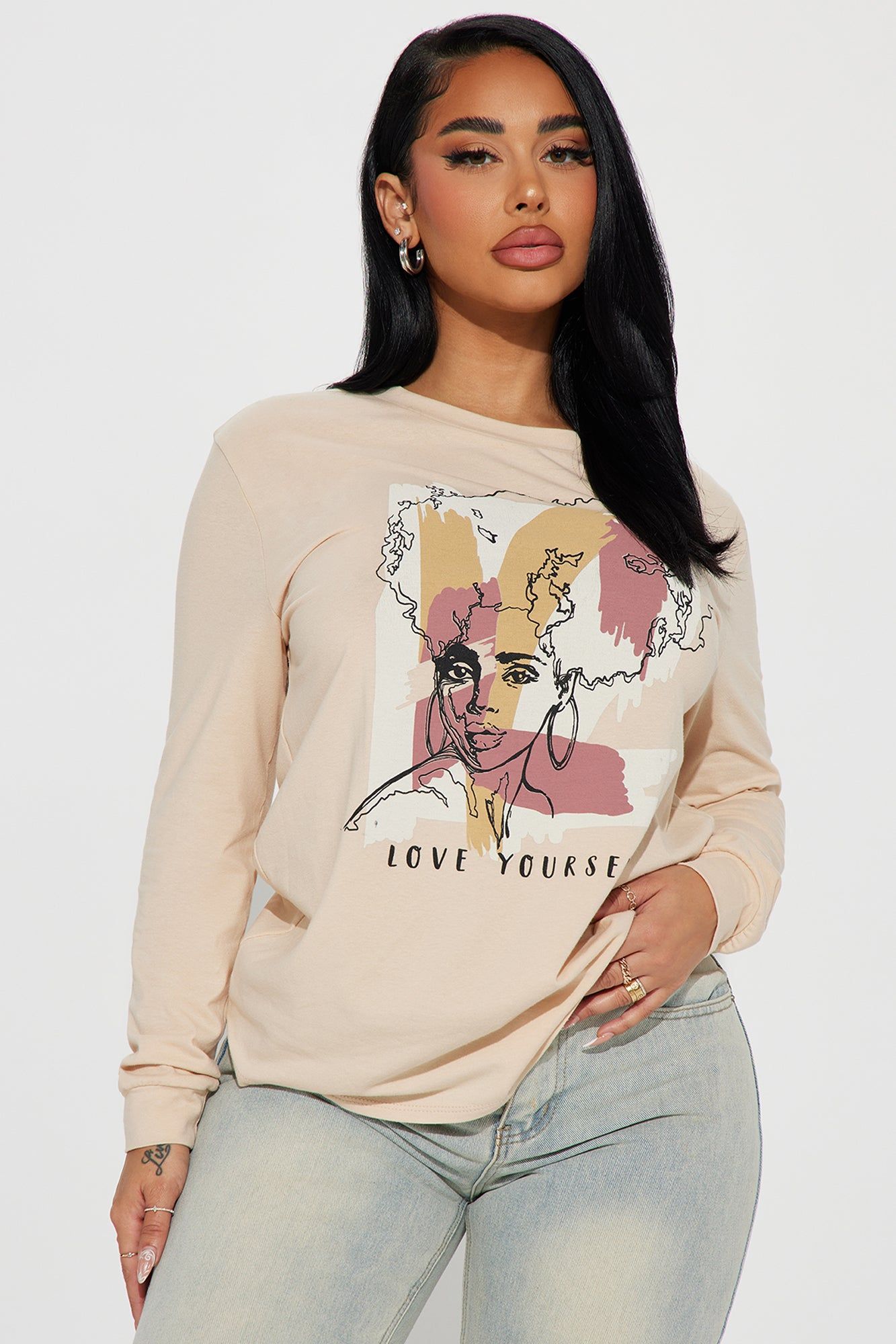 Journey To Self Love Long Sleeve Tee - Natural/Combo sold by Fashion Nova