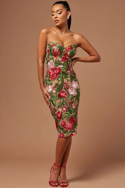 Emaline Embroidered Midi Dress - Pink/combo sold by Fashion Nova