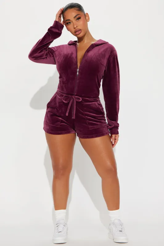 OG Lover Soft Velour Romper - Burgundy sold by Fashion Nova