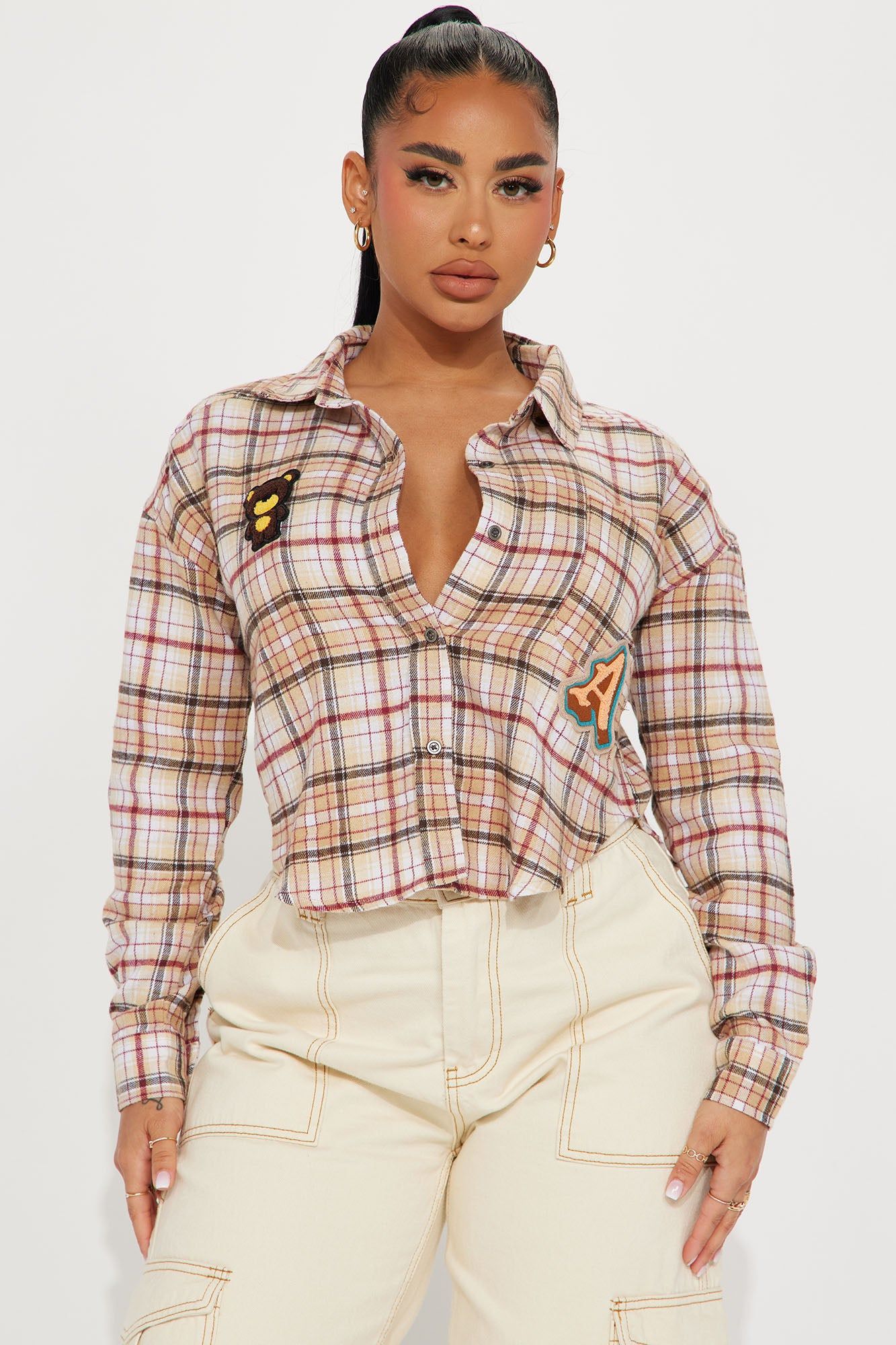 Candice Patchwork Plaid Shirt - Taupe/combo sold by Fashion Nova