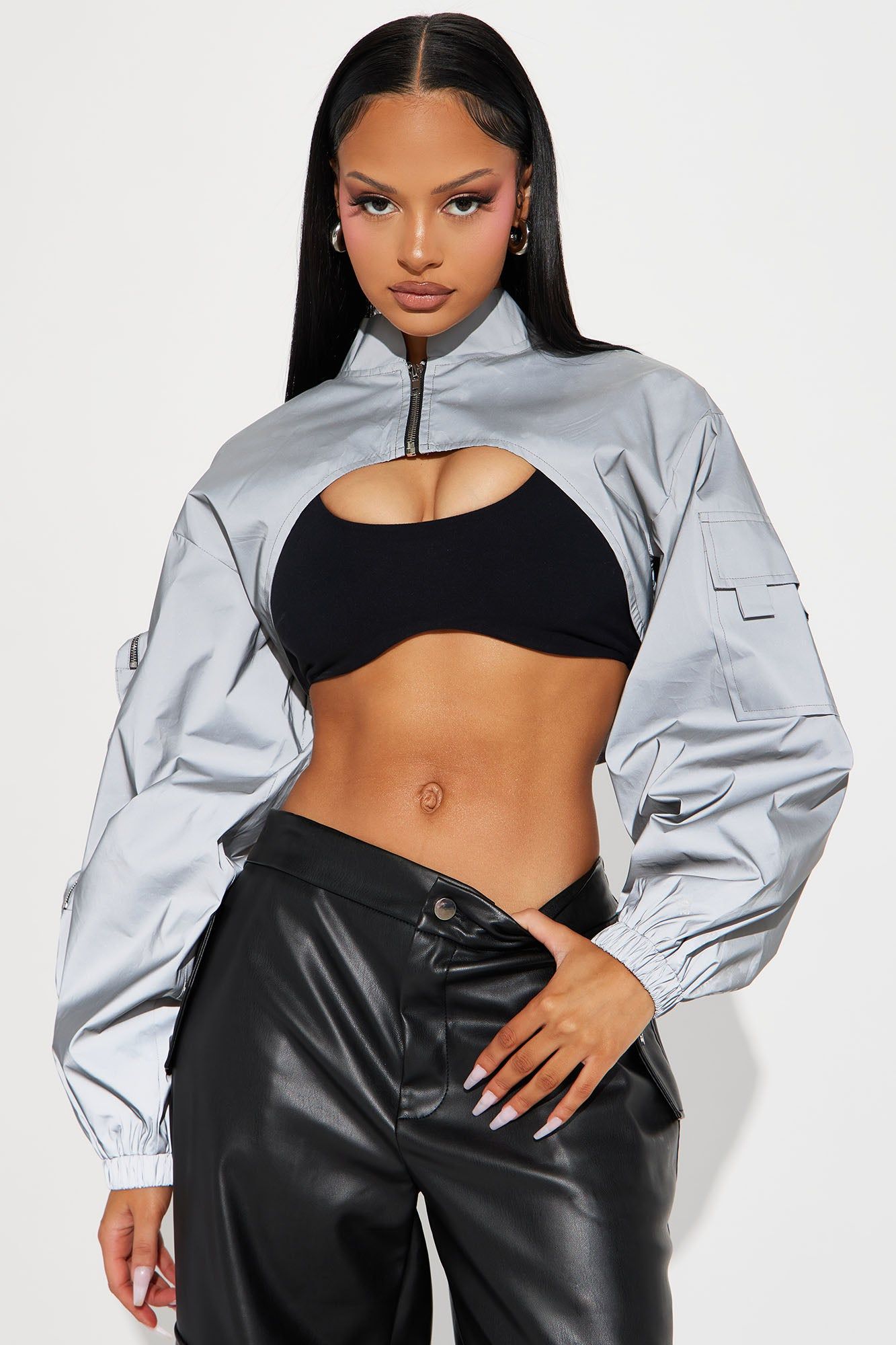 Charge It To The Game Reflective Crop Jacket - Silver sold by Fashion Nova