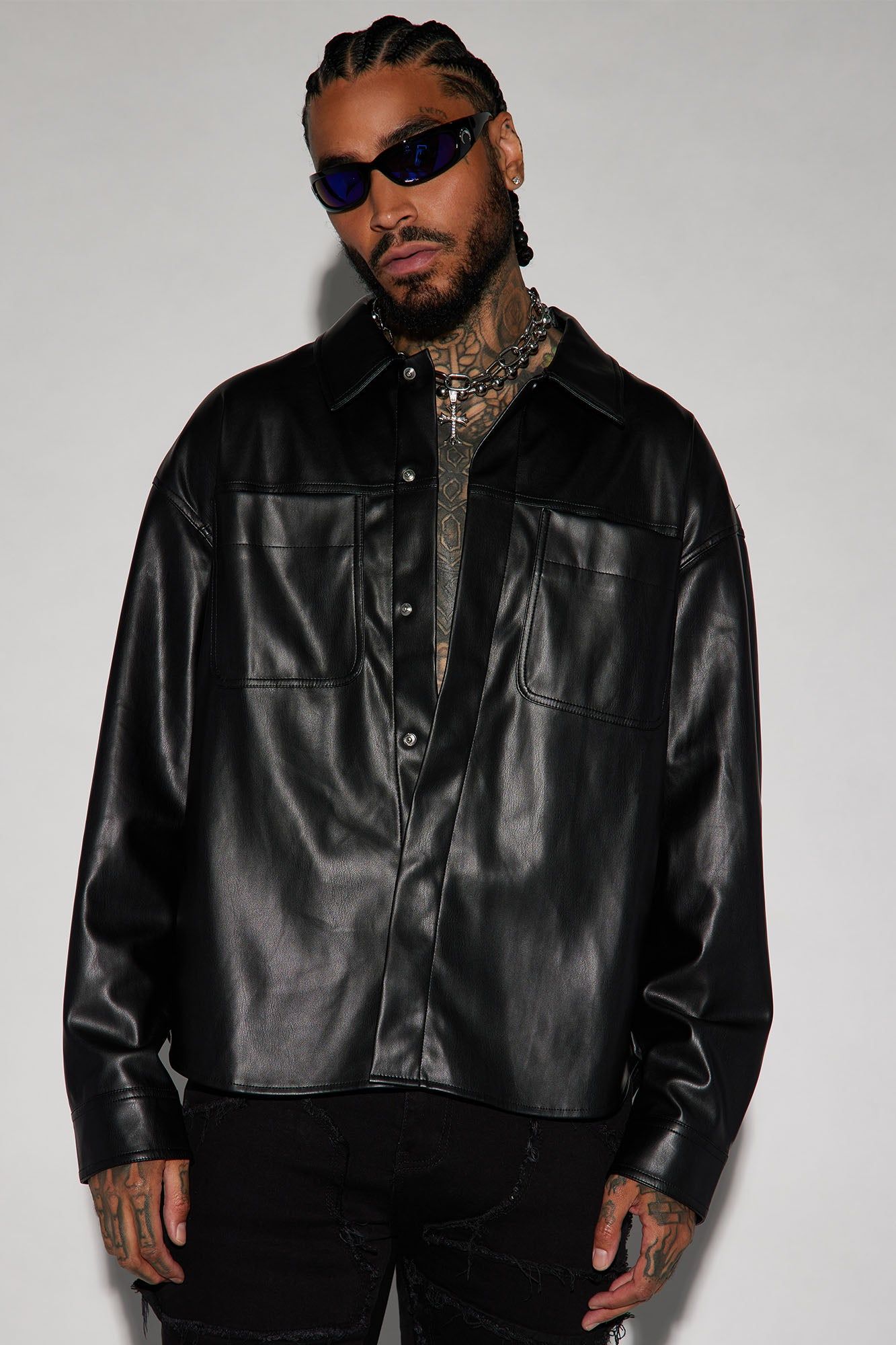 Covert Faux Leather Button Up Shirt - Black sold by Fashion Nova