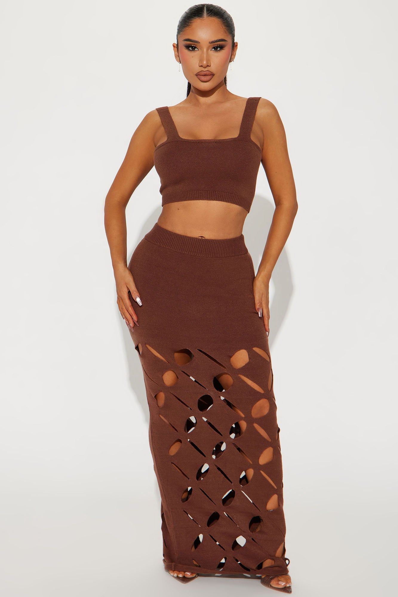 Sarai Sweater Skirt Set - Chocolate sold by Fashion Nova