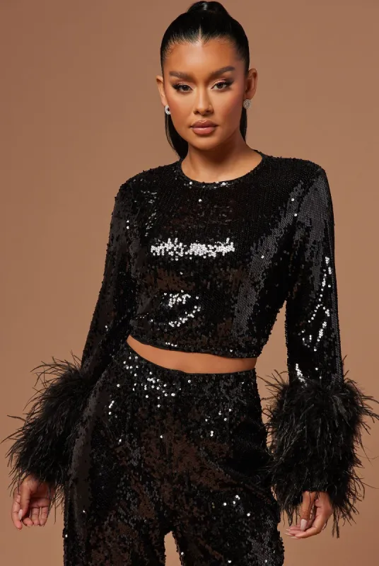Sofia Sequin Crop Top - Black sold by Fashion Nova