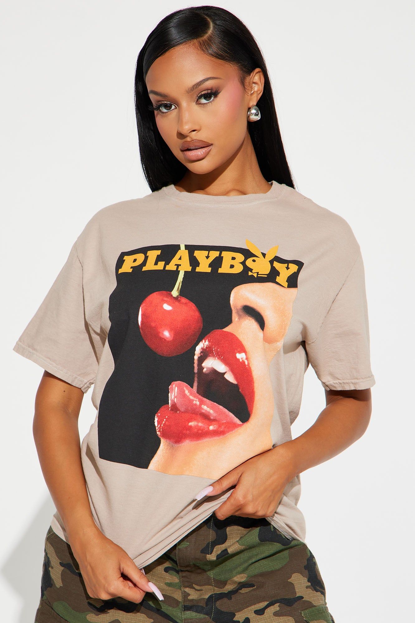Cherry Flavor Playboy Graphic Tee - Taupe sold by Fashion Nova