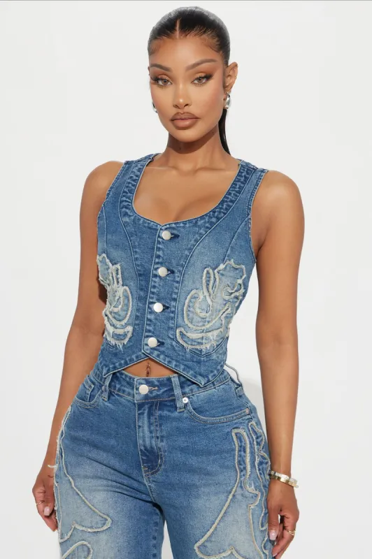 Della Denim Vest - Medium Wash sold by Fashion Nova