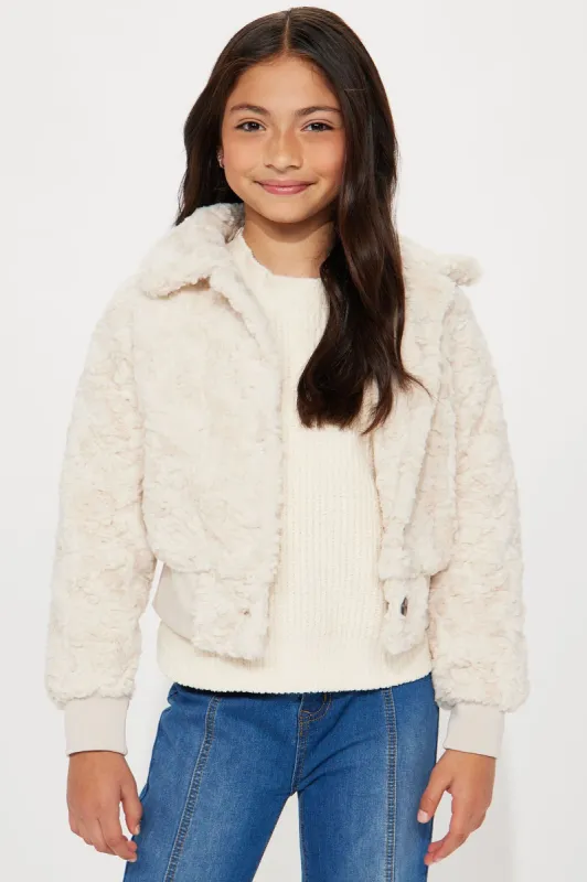 Mini Novelty Fur Button Up Jacket With Rib Waistband - Ivory made by Fashion Nova