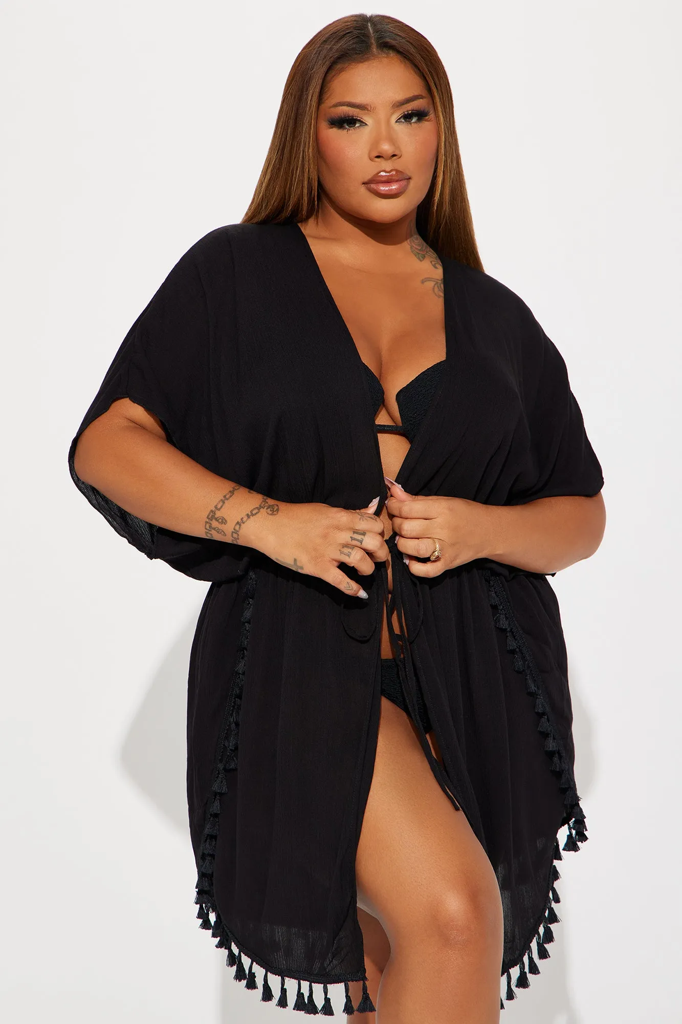Island Sun Tassel Cover Up Kimono - Black sold by Fashion Nova product image thumbnail 5