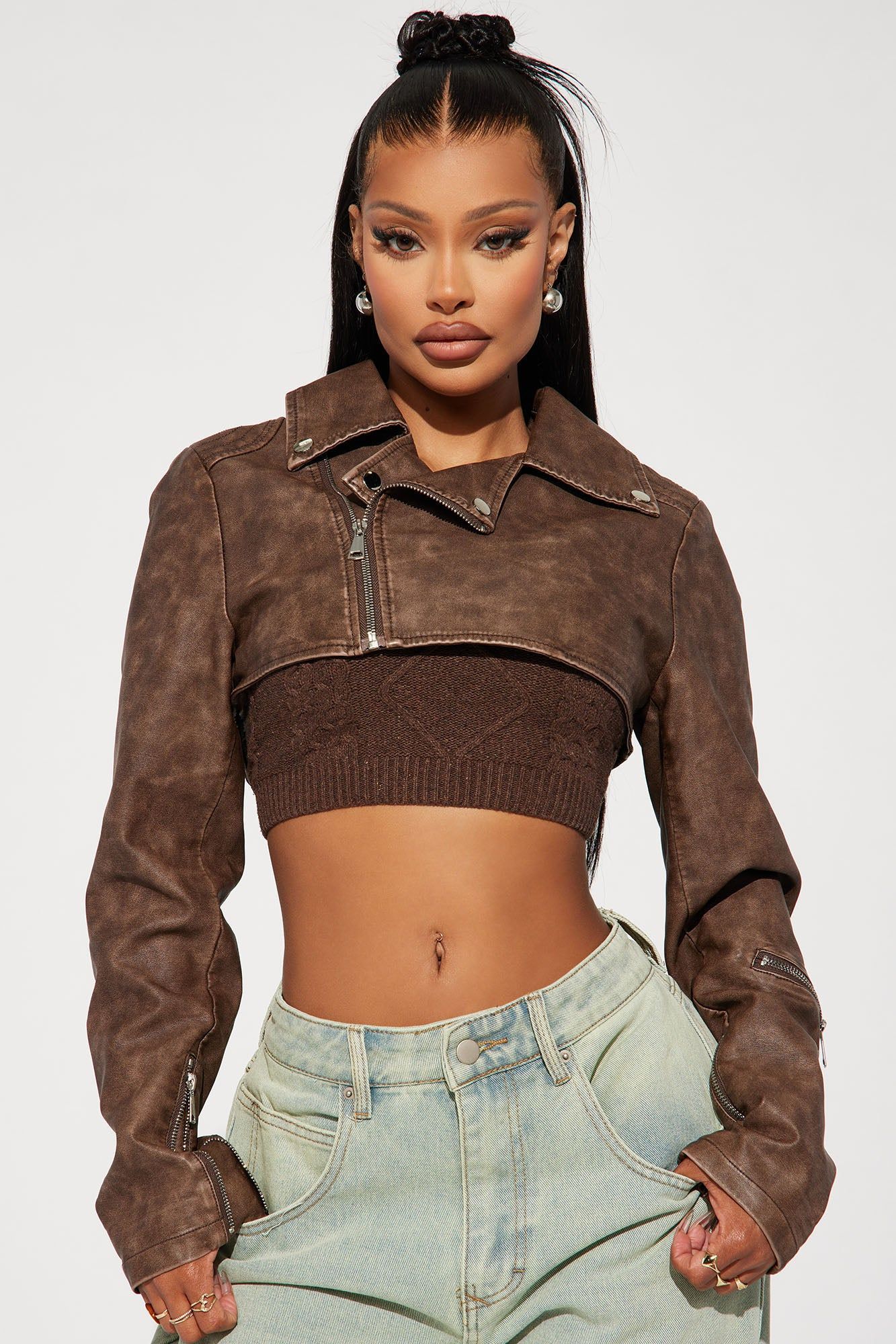 Ria Washed Faux Leather Crop Moto Jacket - Brown sold by Fashion Nova product image thumbnail 3