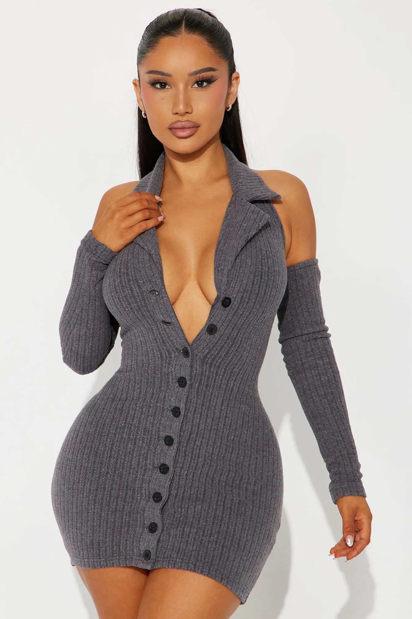 Bisou Bisou Sweater Micro Mini Dress Set - Charcoal sold by Fashion Nova