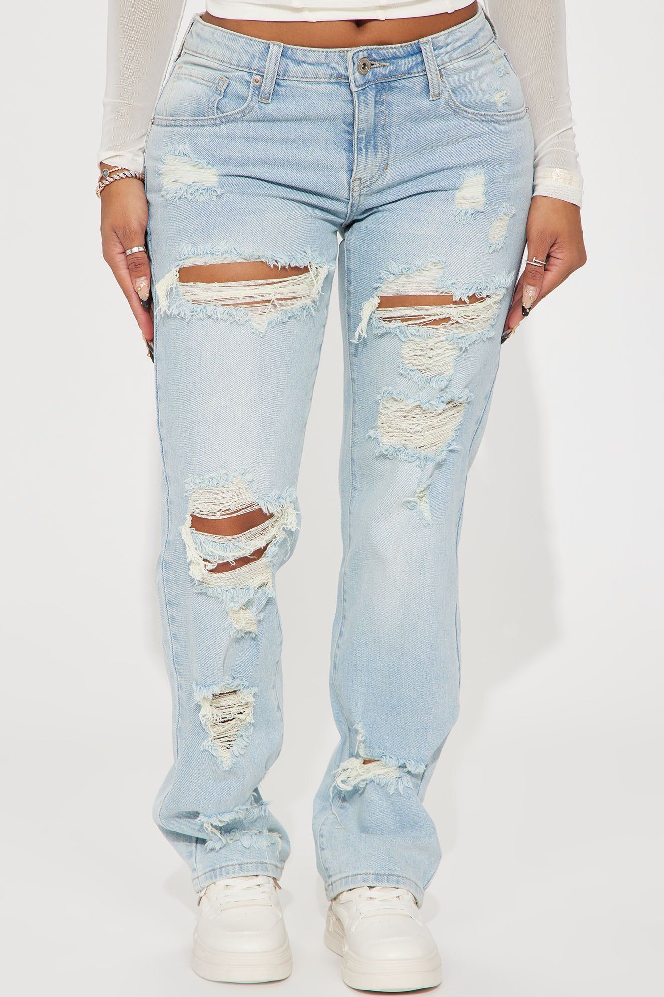 Off The Hook Ripped Straight Leg Jeans - Light Wash sold by Fashion Nova product image thumbnail 2