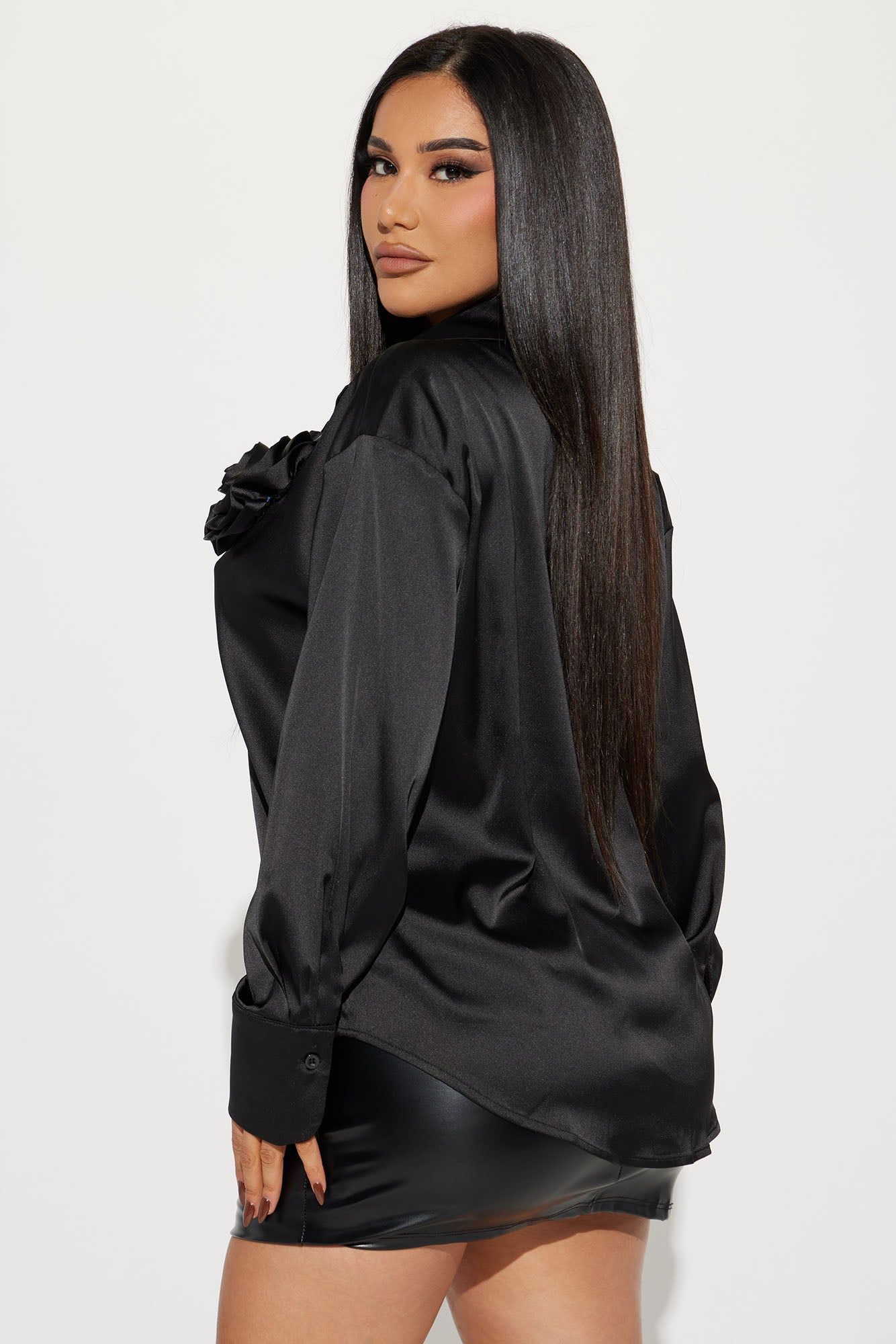 Rosey Girl Satin Shirt - Black sold by Fashion Nova product image thumbnail 4