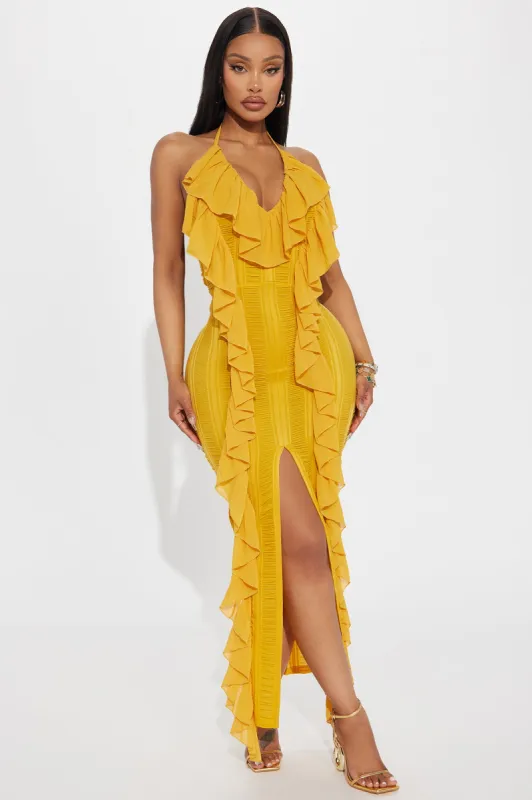 Devine Ruffle Maxi Dress - Mustard sold by Fashion Nova